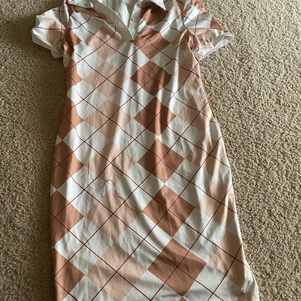 SHEIN Cream and Tan Argyle Midi Dress